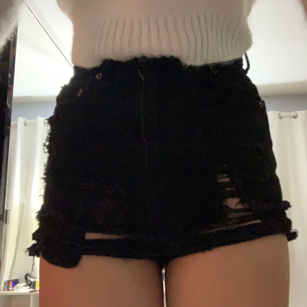 Black High Waisted Distressed Shorts